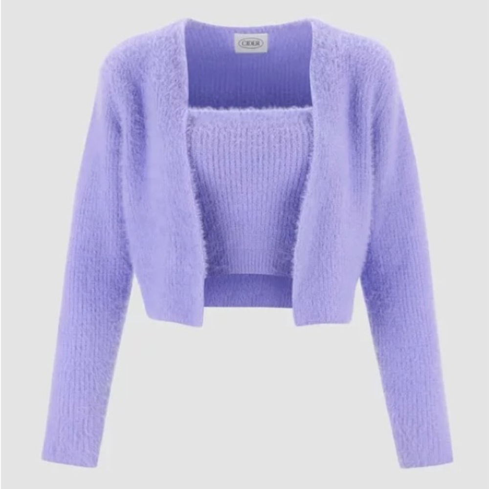 Cider fuzzy cropped cardigan with cami in purple